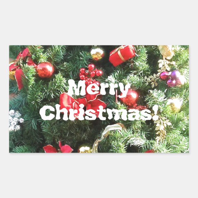 Pegatina Rectangular Árbol de Navidad decorado (Anverso)