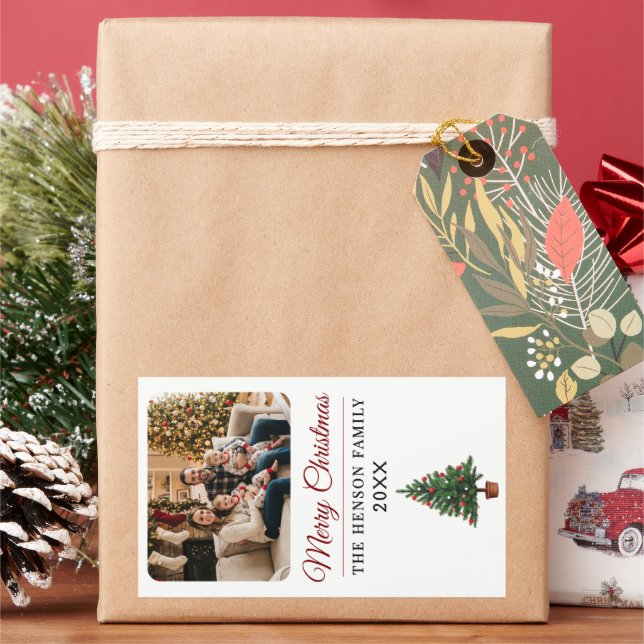 Pegatina Rectangular Árbol de Navidad personalizado con foto familiar (Vacaciones)