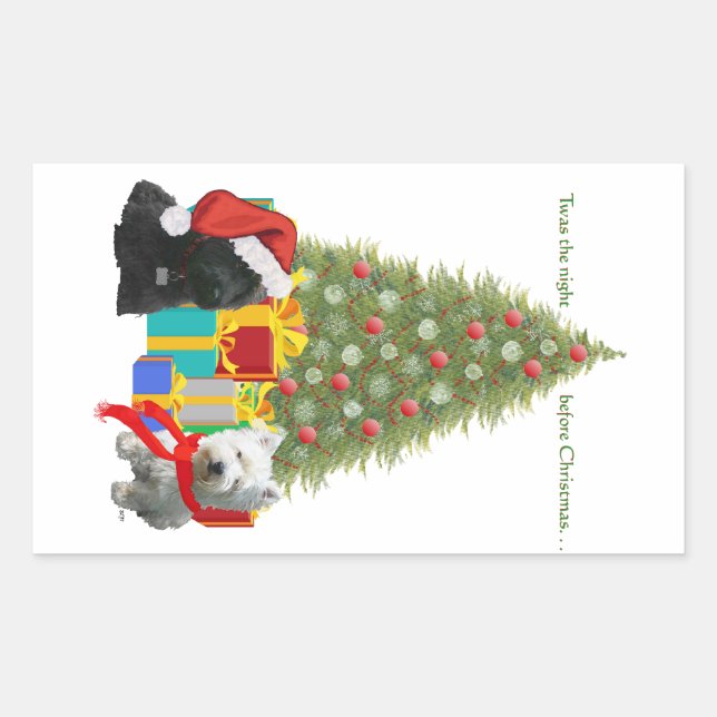 Pegatina Rectangular Árbol de Navidad Scottie y Westie (Anverso)