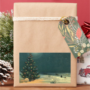 Pegatina Rectangular Árbol de Navidad vintage por la noche con luces y 