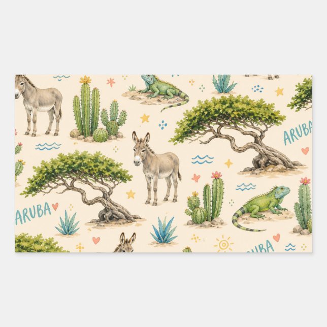 Pegatina Rectangular árbol divi de Aruba, burro, iguana, cactus (Anverso)