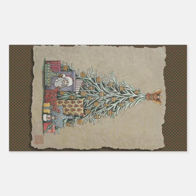 Pegatina Rectangular Árbol y regalo de Navidad (Anverso)