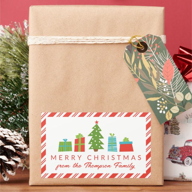 Pegatina Rectangular Árbol y regalos magníficos, Feliz Navidad desde (Vacaciones)