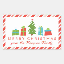 Pegatina Rectangular Árbol y regalos magníficos, Feliz Navidad desde