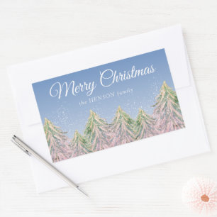 Pegatina Rectangular Árboles acuarelas rosas Navidades artísticos fores