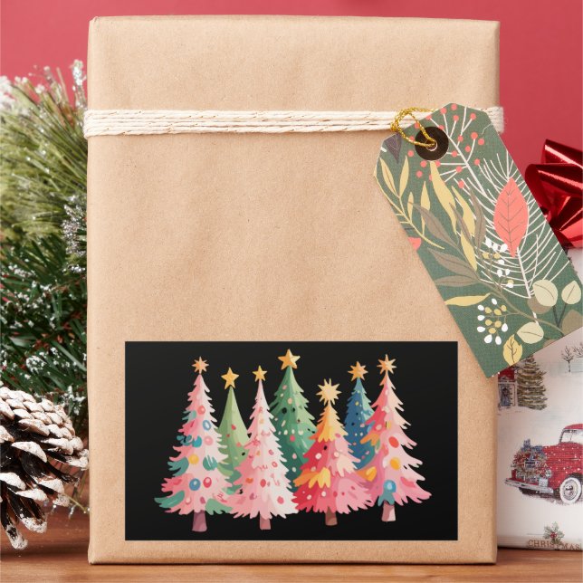 Pegatina Rectangular Árboles de Navidad acuarela Navidades rosadas lind (Vacaciones)