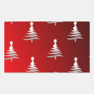 Pegatina Rectangular Árboles de Navidad plateados en rojo