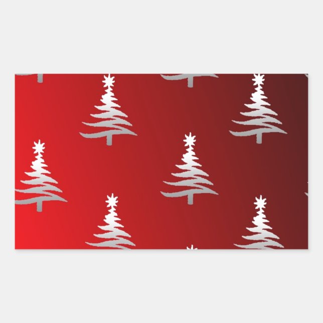 Pegatina Rectangular Árboles de Navidad plateados en rojo (Anverso)