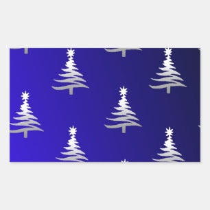 Pegatina Rectangular Árboles de Navidad Plateados sobre Azul Cobalto