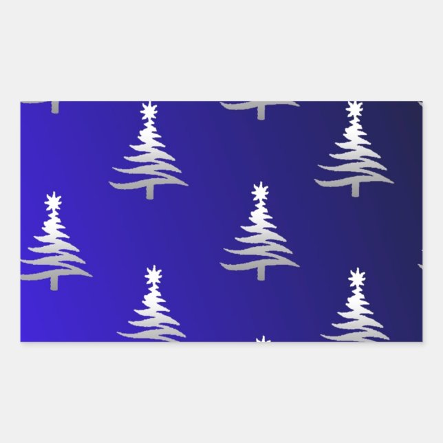 Pegatina Rectangular Árboles de Navidad Plateados sobre Azul Cobalto (Anverso)