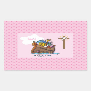Pegatina Rectangular Arca de Noé personalizable Bautizo de bebé, niña r