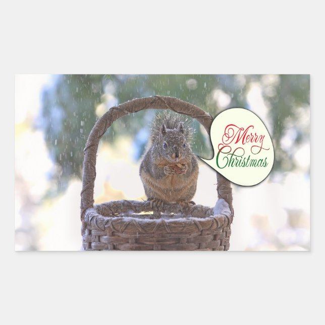Pegatina Rectangular Ardilla en nieve dice Feliz Navidad (Anverso)
