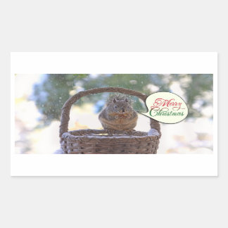 Pegatina Rectangular Ardilla en nieve dice Feliz Navidad