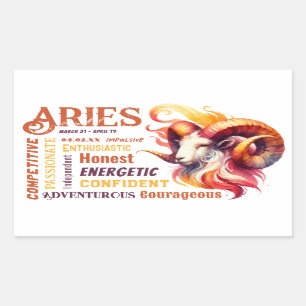 Pegatina Rectangular Aries Traits Watercolor Ram Zodiac Rótulo Cumpleañ