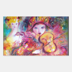 Pegatina Rectangular ARLECCHINO Y COLOMBINA, azul amarillo fucsia rosa