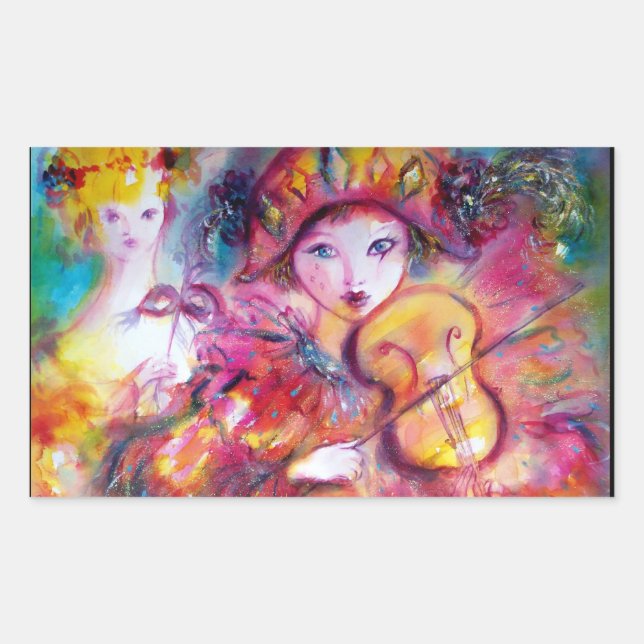 Pegatina Rectangular ARLECCHINO Y COLOMBINA, azul amarillo fucsia rosa (Anverso)
