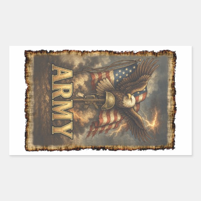 Pegatina Rectangular Army Emblem with Flag and Eagle (Anverso)