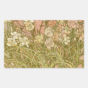 Pegatina Rectangular Art Nouveau Alfonse Mucha Flores de clavel floral