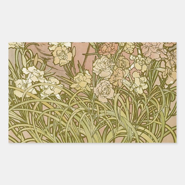 Pegatina Rectangular Art Nouveau Alfonse Mucha Flores de clavel floral (Anverso)