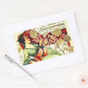 Pegatina Rectangular Art nouveau Alphonse Mucha Crisantemo otoño