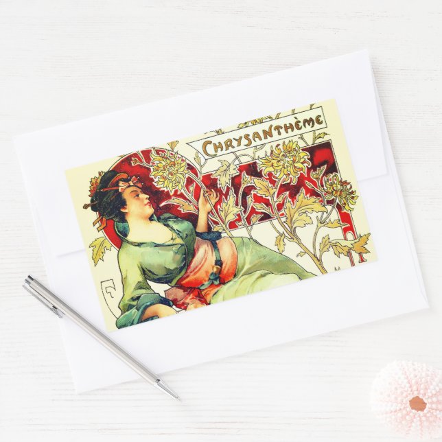 Pegatina Rectangular Art nouveau Alphonse Mucha Crisantemo otoño  (Sobre)