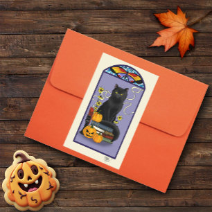 Pegatina Rectangular Art Nouveau Gato Negro Calabaza Púrpura Otoño Amar