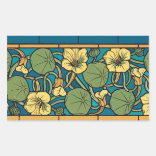 Pegatina Rectangular Art Nouveau Nasturtium Azul Oro floral Verneuil