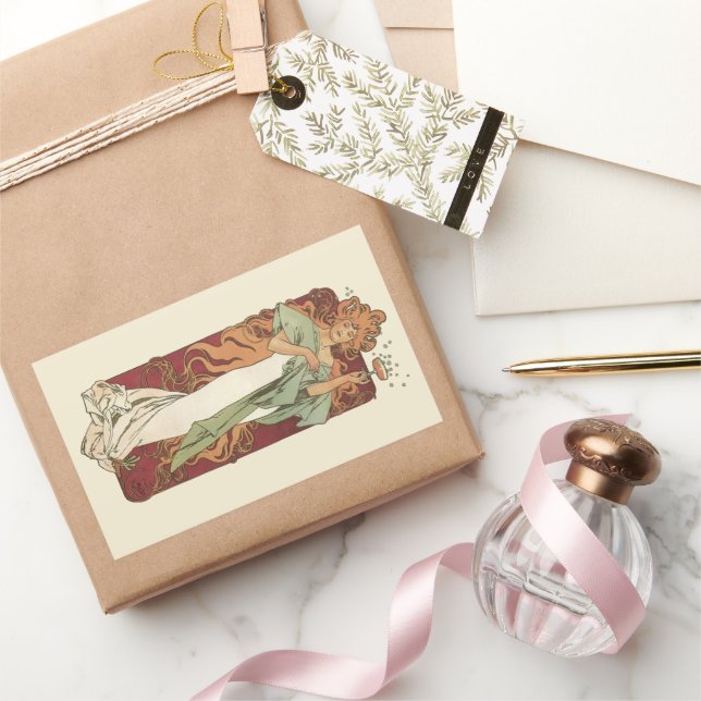 Pegatina Rectangular Arte Antiguo Moderno, Champán de Alphonse Mucha (Regalar)