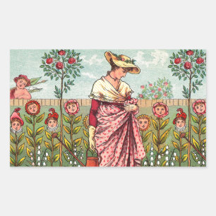 Pegatina Rectangular Arte Antiguo Mujer Flor Creciente Jardín