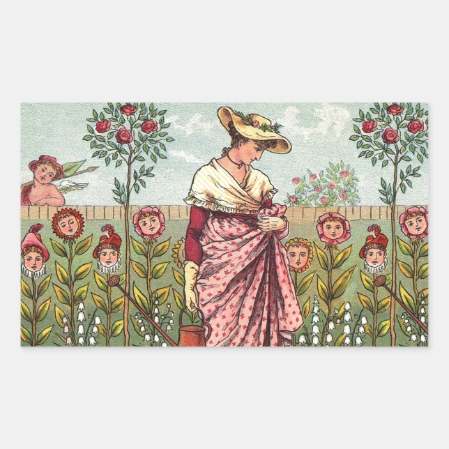 Pegatina Rectangular Arte Antiguo Mujer Flor Creciente Jardín (Anverso)