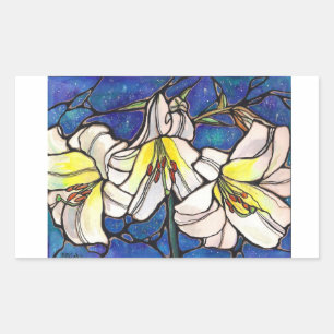Pegatina Rectangular Arte blanco del diseño del vitral de las flores
