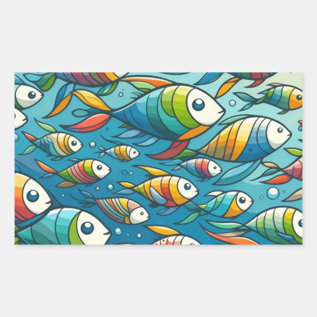 Pegatina Rectangular Arte colorido de peces submarinos (Anverso)