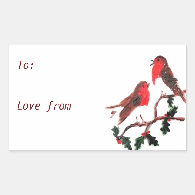 Pegatina Rectangular Arte de aves festivas, Robins Holly (Anverso)