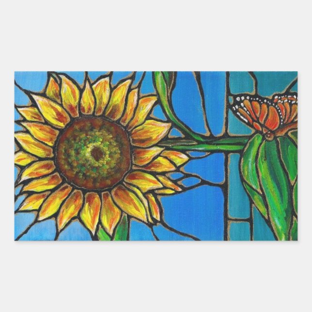 Pegatina Rectangular Arte de girasol y mariposa - ¡estilo de vidrio man (Anverso)