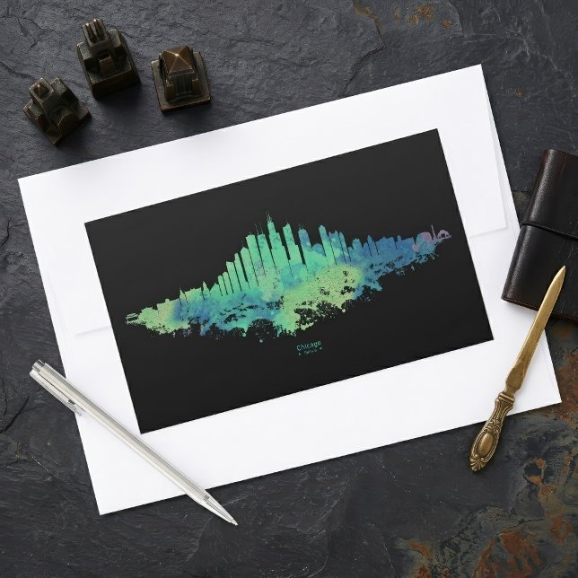 Pegatina Rectangular Arte de la Ciudad Acuarela Azul Verde del Horizont (Chicago Skyline Watercolor Blue Green City Art. Rectangular Sticker)