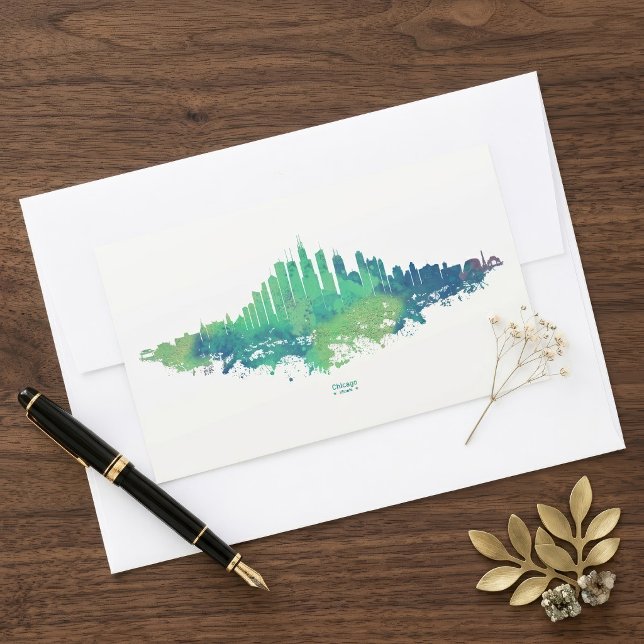 Pegatina Rectangular Arte de la Ciudad Acuarela Azul Verde Silueta de C (Chicago Skyline Watercolor Blue Green City Art. Rectangular Sticker)