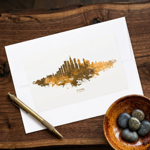 Pegatina Rectangular Arte de paisaje urbano naranja acuarela del horizo
