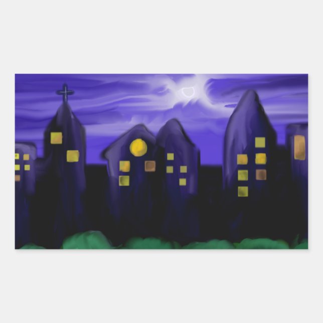 Pegatina Rectangular Arte de tela de rascacielos de la ciudad nocturna (Anverso)