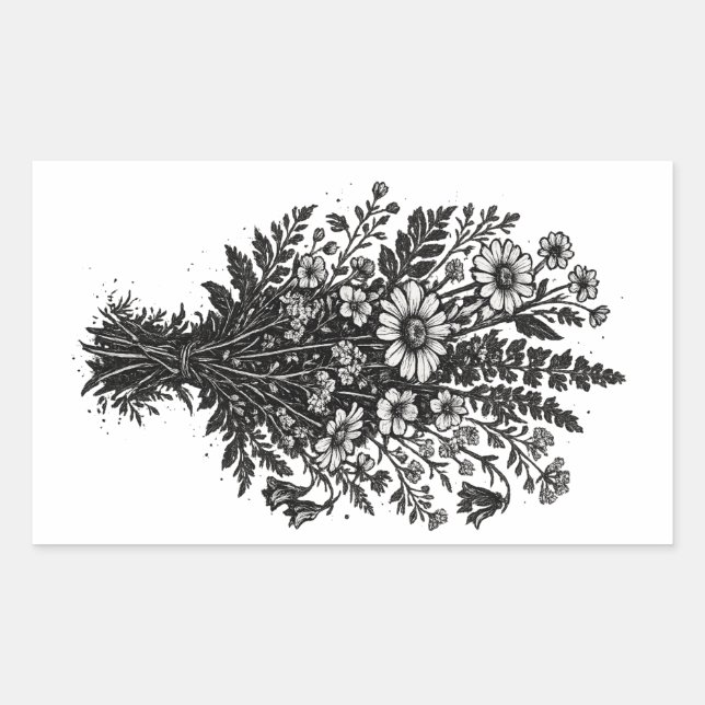 Pegatina Rectangular Arte floral botánico linóleo de flores silvestres  (Anverso)