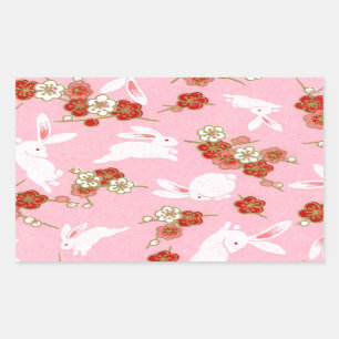 Pegatina Rectangular Arte japonés: sakuras rosas y conejos