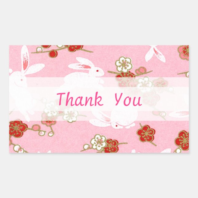 Pegatina Rectangular Arte japonés: sakuras rosas y conejos (Anverso)
