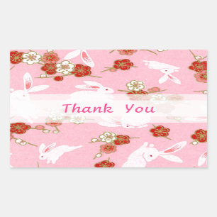 Pegatina Rectangular Arte japonés: sakuras rosas y conejos