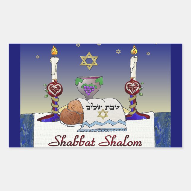 Pegatina Rectangular Arte Judaica Impresión Shabbat Shalom (Anverso)