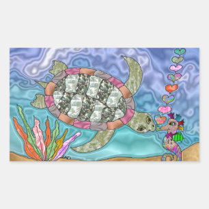 Pegatina Rectangular Arte sicodélico de tortuga marina y caballito de m