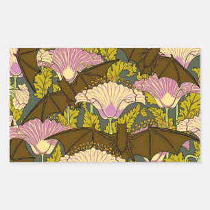 Pegatina Rectangular Arte Vintage Nouveau Murciélagos y Flores Hallowee
