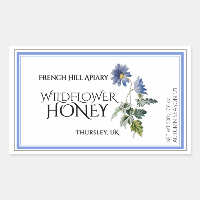Pegatina Rectangular Aster Blue Wildflower Honey Label (Fecha de cosech (Anverso)