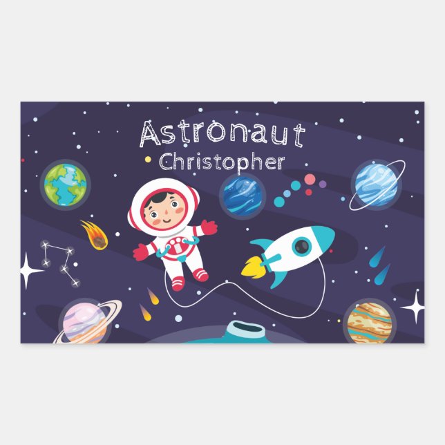 Pegatina Rectangular Astronaut child on the moon, monogrammed name (Anverso)