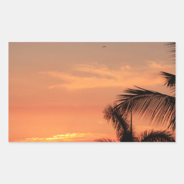 Pegatina Rectangular Atardecer naranja hawaiano, pájaros y palmeras (Anverso)