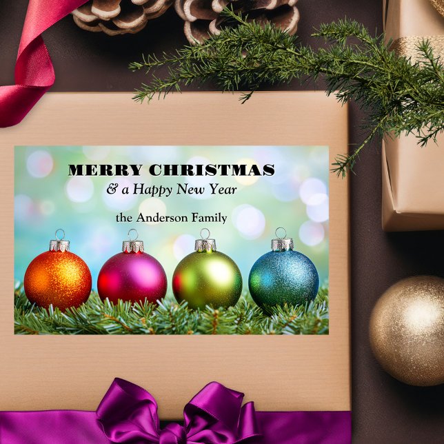 Pegatina Rectangular Audaces Navidades festivos coloridos (Sticker featuring colorful festive Christmas baubles with sparkling lights.)