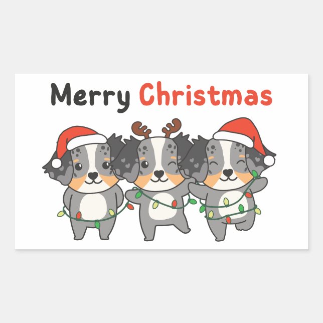 Pegatina Rectangular Australian Shepherd Merry Christmas Cute Dogs (Anverso)